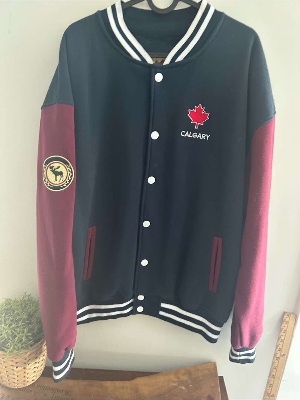 Calgary Canada Varsity Bomber Jacket Cotton - Navy & Burgundy Large Button up